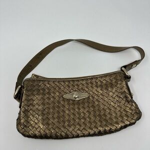 Elliott Lucca Purse Shoulder Bag Gold Woven‎ Leather Demi Baguette Y2K Casual
